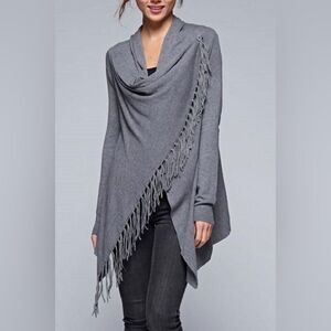 Anthropologie Lovestitch Gray Fringe Shrug Sweater